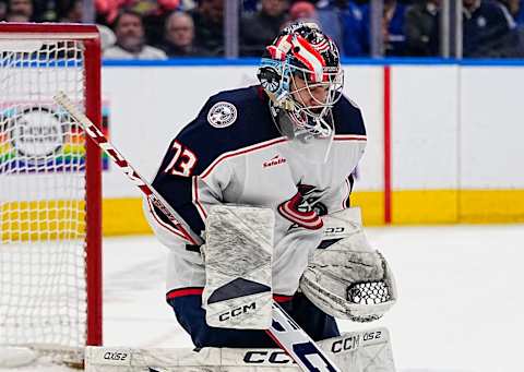 Apr 4, 2023; Toronto, Ontario, CAN; Columbus Blue Jackets goaltender Jet Greaves (73) makes a save against the Toronto Maple Leafs during the third period at Scotiabank Arena. Mandatory Credit: John E. Sokolowski-USA TODAY Sports