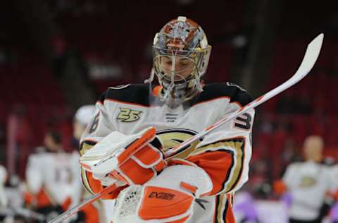 RALEIGH, NC – NOVEMBER 30: Anaheim Ducks goaltender John Gibson (36) during the warmups of the Carolina Hurricanes game versus the Anaheim Ducks on November 30th, 2018 at PNC Arena in Raleigh, NC. (Photo by Jaylynn Nash/Icon Sportswire via Getty Images)