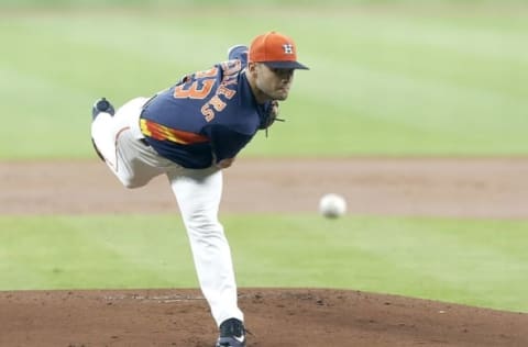 Jun 5, 2016; Houston, TX, USA; Houston Astros starting pitcher Lance McCullers (43) pitches against the Oakland Athletics in the first inning at Minute Maid Park. Mandatory Credit: Thomas B. Shea-USA TODAY Sports