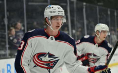 Apr 16, 2022; Los Angeles, California, USA; Columbus Blue Jackets center Kent Johnson (13) warms up before a game against the Los Angeles Kings at Crypto.com Arena. Mandatory Credit: Jayne Kamin-Oncea-USA TODAY Sports