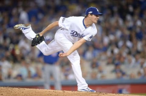 Oct 18, 2016; Los Angeles, CA, USA; Los Angeles Dodgers starting pitcher Rich Hill (44) pitches during the sixth inning against the Chicago Cubs in game three of the 2016 NLCS playoff baseball series at Dodger Stadium. Mandatory Credit: Gary A. Vasquez-USA TODAY Sports