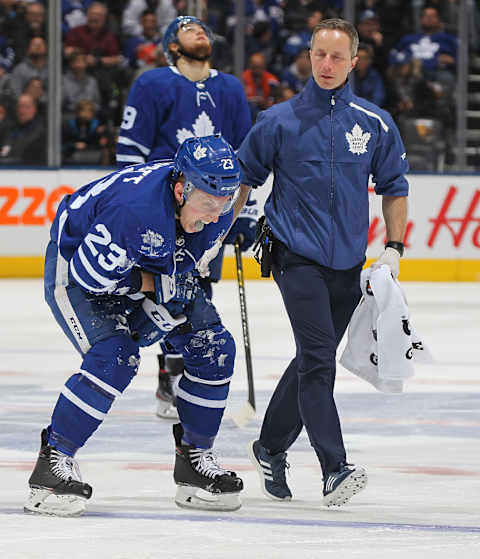 TORONTO, ON – FEBRUARY 27: Travis Dermott #23 of the Toronto Maple Leafs. (Photo by Claus Andersen/Getty Images)