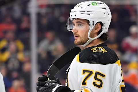 Apr 9, 2023; Philadelphia, Pennsylvania, USA; Boston Bruins defenseman Connor Clifton (75) against the Philadelphia Flyers at Wells Fargo Center. Mandatory Credit: Eric Hartline-USA TODAY Sports