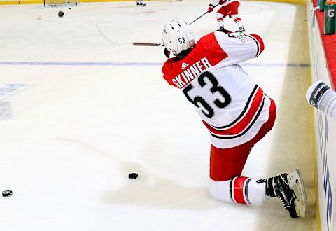 WINNIPEG, MB – OCTOBER 14: Jeff Skinner #53 of the Carolina Hurricanes takes a shot on goal during the pre-game warm up prior to NHL action against the Winnipeg Jets at the Bell MTS Place on October 14, 2017 in Winnipeg, Manitoba, Canada. This marks the 500th game of Skinner’s NHL career. (Photo by Jonathan Kozub/NHLI via Getty Images)