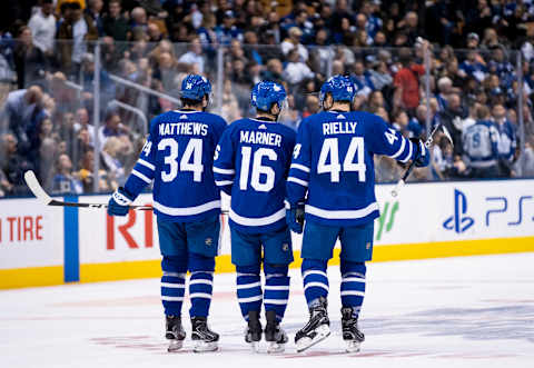 TORONTO, ON – OCTOBER 19: Auston Matthews #34 of the Toronto Maple Leafs and team-mates Mitch Marner #16 and Morgan Rielly #44 skate after a whistle during the first period against the Boston Bruins at the Scotiabank Arena on October 19, 2019 in Toronto, Ontario, Canada. (Photo by Kevin Sousa/NHLI via Getty Images)