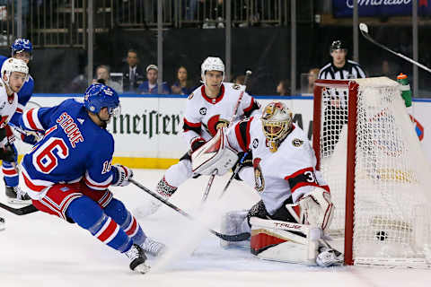 Apr 9, 2022; New York, New York, USA; New York Rangers center Ryan Strome (16) shoots and scores against Ottawa Senators goaltender Anton Forsberg (31) during the second period at Madison Square Garden. Mandatory Credit: Tom Horak-USA TODAY Sports