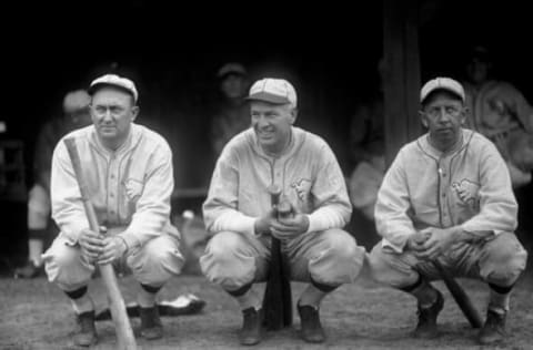 (Original Caption) Big three of the Phila Athletics. left to right, Ty Cobb, Tris Speaker, and Eddie Collins, at the Giants training camp, Augusta, Georgia.