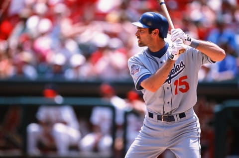 ST. LOUIS, MO – JULY 7: Shawn Green of the Los Angeles Dodgers bats against the St. Louis Cardinals at Busch Stadium on July 7, 2002 in St. Louis, Missouri. (Photo by Sporting News via Getty Images)