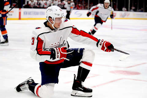 UNIONDALE, NEW YORK – MARCH 01: Jakub Vrana #13 of the Washington Capitals celebrates a third period goal against the New York Islanders during their game at NYCB Live’s Nassau Coliseum on March 01, 2019 in Uniondale, New York. (Photo by Al Bello/Getty Images)