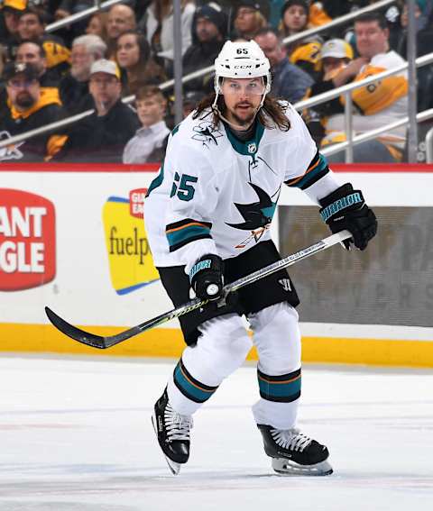 PITTSBURGH, PA – FEBRUARY 21: Erik Karlsson #65 of the San Jose Sharks skates against the Pittsburgh Penguins at PPG Paints Arena on February 21, 2019 in Pittsburgh, Pennsylvania. (Photo by Joe Sargent/NHLI via Getty Images)