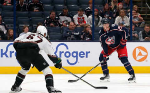 Oct 25, 2022; Columbus, Ohio, USA; Columbus Blue Jackets right wing Patrik Laine (29) takes a shot on goal against the Arizona Coyotes during the third period at Nationwide Arena. Mandatory Credit: Russell LaBounty-USA TODAY Sports