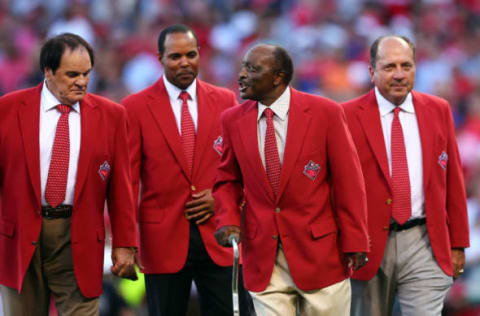 CINCINNATI, OH – JULY 14: Former Cincinnati Reds player Pete Rose, Barry Larkin, Joe Morgan and Johnny Bench walk on the field prior to the 86th MLB All-Star Game at the Great American Ball Park on July 14, 2015 in Cincinnati, Ohio. (Photo by Elsa/Getty Images)