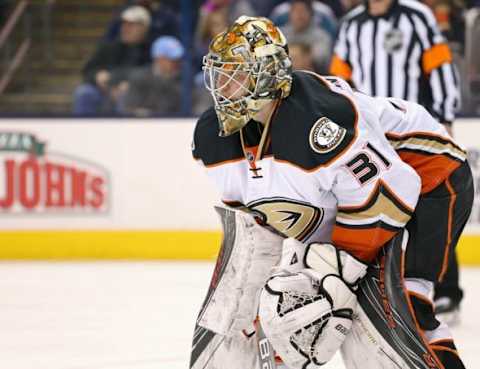 Feb 11, 2016; Columbus, OH, USA; Anaheim Ducks goalie Frederik Andersen (31) against the Columbus Blue Jackets at Nationwide Arena. The Blue Jackets won 4-3 in a shootout. Mandatory Credit: Aaron Doster-USA TODAY Sports