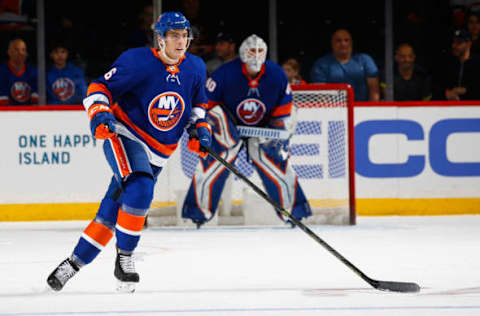 NEW YORK, NY – OCTOBER 08: Ryan Pulock #6 of the New York Islanders skates against the San Jose Sharks at Barclays Center on October 8, 2018 the Brooklyn borough of New York City. New York Islanders defeated the San Jose Sharks 4-0. (Photo by Mike Stobe/NHLI via Getty Images)