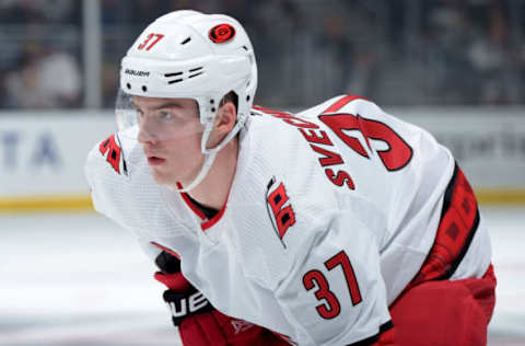 LOS ANGELES, CA – October 15: Andrei Svechnikov #37 of the Carolina Hurricanes gets ready for the play during the second period against the Los Angeles Kings at STAPLES Center on October 15, 2019 in Los Angeles, California. (Photo by Juan Ocampo/NHLI via Getty Images)