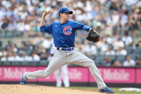 Jul 9, 2023; Bronx, New York, USA; Chicago Cubs starting pitcher Kyle Hendricks (28) pitches in the first inning against the New York Yankees at Yankee Stadium. Mandatory Credit: Wendell Cruz-USA TODAY Sports