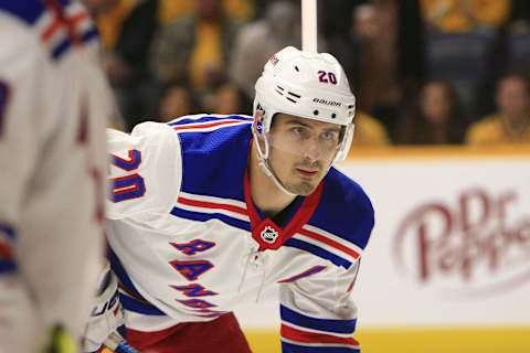 NASHVILLE, TN – DECEMBER 29: New York Rangers left wing Chris Kreider (20) is shown during the NHL game between the Nashville Predators and New York Rangers, held on December 29, 2018, at Bridgestone Arena in Nashville, Tennessee. (Photo by Danny Murphy/Icon Sportswire via Getty Images)