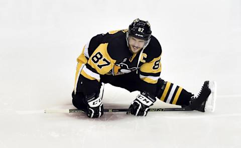 Jun 1, 2016; Pittsburgh, PA, USA; Pittsburgh Penguins center Sidney Crosby (87) warms up before game two of the 2016 Stanley Cup Final against the San Jose Sharks at Consol Energy Center. Mandatory Credit: Don Wright-USA TODAY Sports