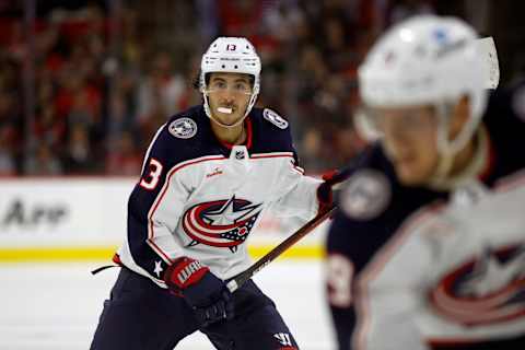 RALEIGH, NORTH CAROLINA – OCTOBER 12: Johnny Gaudreau #13 of the Columbus Blue Jackets skates during the first period of the game against the Carolina Hurricanes at PNC Arena on October 12, 2022 in Raleigh, North Carolina. (Photo by Jared C. Tilton/Getty Images)