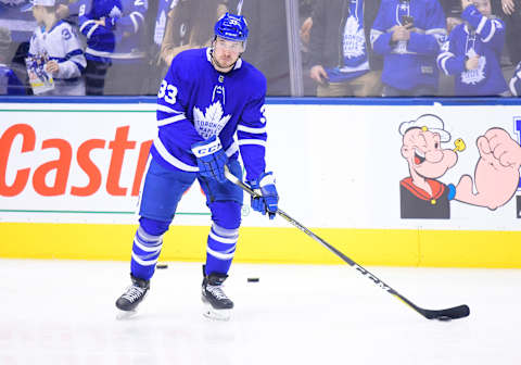 TORONTO, ON – JANUARY 05: Toronto Maple Leafs center Frederik Gauthier (33) skates during the warm-up before a game between the Vancouver Canucks and the Toronto Maple Leafs at Scotiabank Arena in Toronto, Ontario Canada. The Toronto Maple Leafs won 5-0. (Photo by Nick Turchiaro/Icon Sportswire via Getty Images)