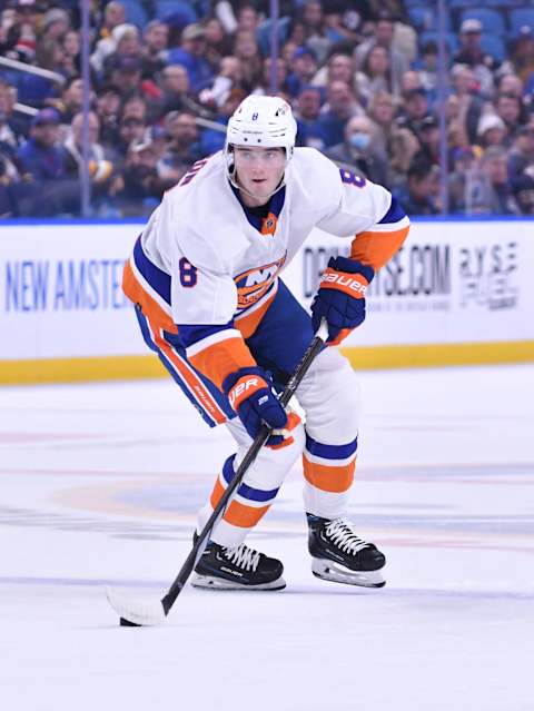 Oct 21, 2023; Buffalo, New York, USA; New York Islanders defenseman Noah Dobson (8)  Mandatory Credit: Mark Konezny-USA TODAY Sports