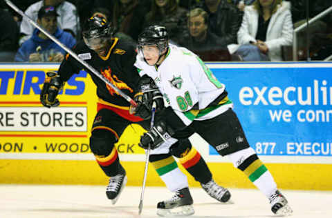 LONDON, ON – JANUARY 19: Patrick Kane #88 of the London Knights skates with the puck as PK Subban #6 of the Belleville Bulls follows during OHL game action at John Labatt Centre on January 19, 2007 in London, Canada. (Photo by Tom Szczerbowski/Getty Images)