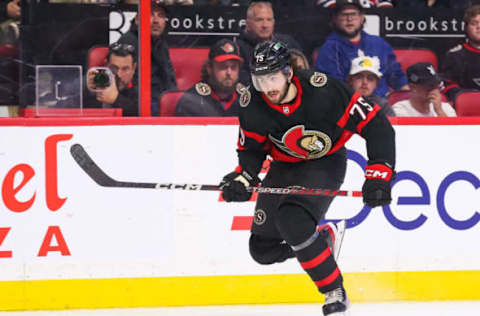 Egor Sokolov of the Ottawa Senators skates against the Montreal Canadiens at Canadian Tire Centre on October 01, 2022, in Ottawa, Ontario. (Photo by Chris Tanouye/Getty Images)