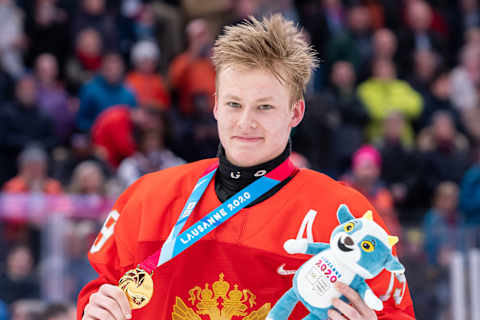 LAUSANNE, SWITZERLAND – JANUARY 22: #19 Matvei Michkov of Russian Federation shows his gold medal during Men’s 6-Team Tournament Gold Medal Game between Russia and United States of the Lausanne 2020 Winter Youth Olympics on January 22, 2021 in Lausanne, Switzerland. (Photo by RvS.Media/Basile Barbey/Getty Images)