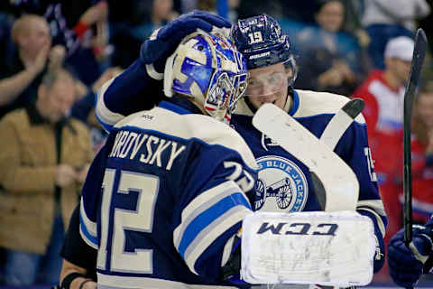 COLUMBUS, OH – JANUARY 10: Ryan Johansen #19 of the Columbus Blue Jackets congratulates Sergei Bobrovsky #72 of the Columbus Blue Jackets after defeating the Carolina Hurricanes 3-0 on January 10, 2014 at Nationwide Arena in Columbus, Ohio. (Photo by Kirk Irwin/Getty Images)