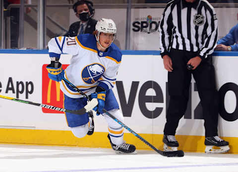 ELMONT, NEW YORK – DECEMBER 30: Cody Eakin #20 of the Buffalo Sabres skates against the New York Islanders at the UBS Arena on December 30, 2021 in Elmont, New York. (Photo by Bruce Bennett/Getty Images)