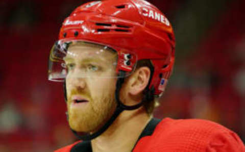 RALEIGH, NC – NOVEMBER 11: Dougie Hamilton #19 of the Carolina Hurricanes warms up prior to an NHL game against the Ottawa Senators on November 11, 2019 at PNC Arena in Raleigh North Carolina. (Photo by Gregg Forwerck/NHLI via Getty Images)