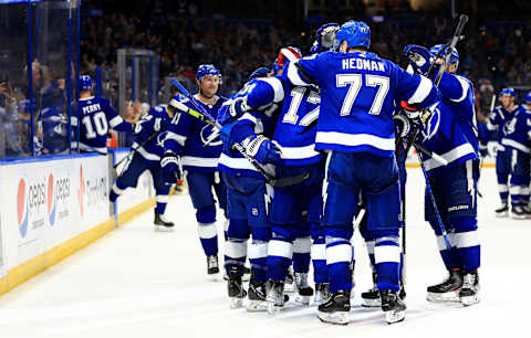 TAMPA, FLORIDA – APRIL 14: Anthony Cirelli #71 of the Tampa Bay Lightning celebrates a game wining goal in overtime during a game against the Anaheim Ducks at Amalie Arena on April 14, 2022 in Tampa, Florida. (Photo by Mike Ehrmann/Getty Images)