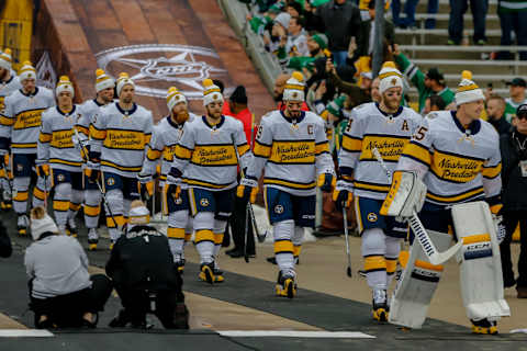 DALLAS, TX – JANUARY 01: The Nashville Predators walk towards the ice before warm ups before the game between the Dallas Stars and the Nashville Predators on January 1, 2020 at the Cotton Bowl in Dallas, Texas. (Photo by Matthew Pearce/Icon Sportswire via Getty Images)