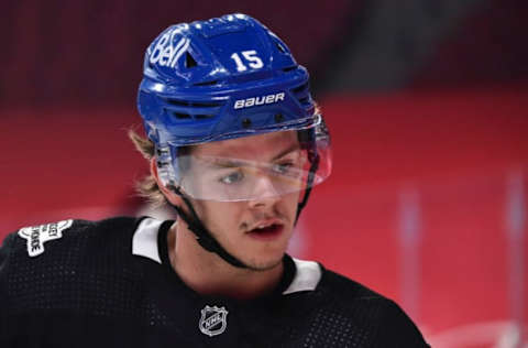 MONTREAL, QC – FEBRUARY 10: Jesperi Kotkaniemi #15 of the Montreal Canadiens skates during the warm-up prior to the game against the Toronto Maple Leafs at the Bell Centre on February 10, 2021, in Montreal, Canada. The Toronto Maple Leafs defeated the Montreal Canadiens 4-2. (Photo by Minas Panagiotakis/Getty Images)