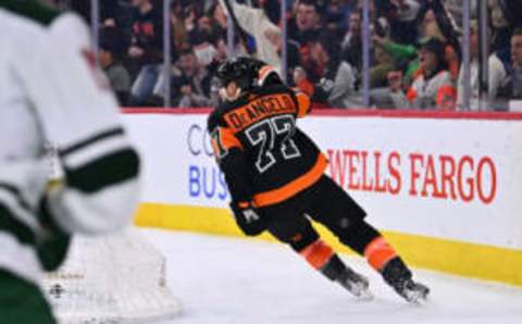 Mar 23, 2023; Philadelphia, Pennsylvania, USA; Philadelphia Flyers defenseman Tony DeAngelo (77) reacts after a goal against the Minnesota Wild in the third period at Wells Fargo Center. Mandatory Credit: Kyle Ross-USA TODAY Sports