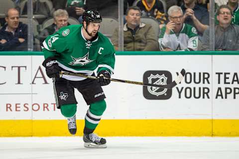 Feb 28, 2017; Dallas, TX, USA; Dallas Stars left wing Jamie Benn (14) in action during the game against the Pittsburgh Penguins at the American Airlines Center. The Stars defeat the Penguins 3-2. Mandatory Credit: Jerome Miron-USA TODAY Sports