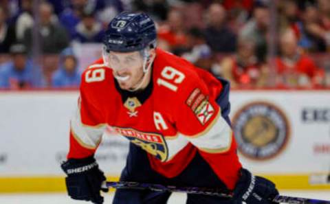 Apr 10, 2023; Sunrise, Florida, USA; Florida Panthers left wing Matthew Tkachuk (19) looks on during the second period against the Toronto Maple Leafs at FLA Live Arena. Mandatory Credit: Sam Navarro-USA TODAY Sports