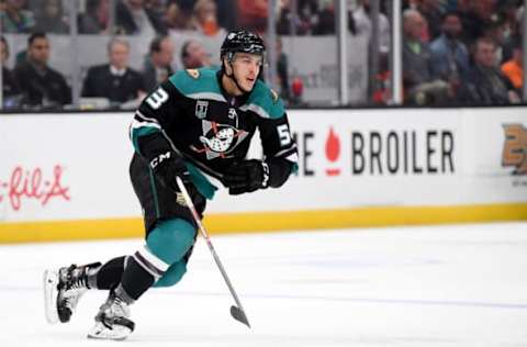 ANAHEIM, CA – OCTOBER 21: Max Comtois #53 of the Anaheim Ducks skates during the game against the Anaheim Ducks at Honda Center on October 21, 2018, in Anaheim, California. (Photo by Harry How/Getty Images)