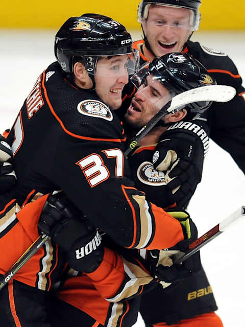 ANAHEIM, CA – JANUARY 17: Anaheim Ducks leftwing Nick Ritchie (37) leaps into the arms of center Adam Henrique (14) after Henrique scored a goal in the second period of a game against the Pittsburgh Penguins played on January 17, 2018 at the Honda Center in Anaheim, CA. (Photo by John Cordes/Icon Sportswire via Getty Images)