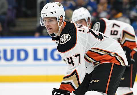 ST. LOUIS, MO – OCTOBER 14: Anaheim Ducks defenseman Hampus Lindholm (47) during an NHL game between the Anaheim Ducks and the St. Louis Blues on October 14, 2018, at Enterprise Center, St. Louis, MO. The Ducks beat the Blues, 3-2. (Photo by Keith Gillett/Icon Sportswire via Getty Images)