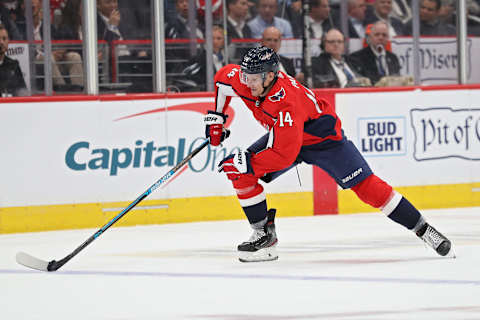 WASHINGTON, DC – SEPTEMBER 18: Richard Panik #14 of the Washington Capitals skates with the puck against the St. Louis Blues during a preseason NHL game at Capital One Arena on September 18, 2019 in Washington, DC. (Photo by Patrick Smith/Getty Images)