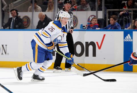 ELMONT, NEW YORK – MARCH 07: Rasmus Dahlin #26 of the Buffalo Sabres skates against the New York Islanders at the UBS Arena on March 07, 2023 in Elmont, New York. (Photo by Bruce Bennett/Getty Images)