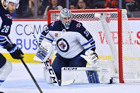 Jan 22, 2023; Philadelphia, Pennsylvania, USA; Winnipeg Jets goalie David Rittich (33) defends the net against the Philadelphia Flyers in the second period at Wells Fargo Center. Mandatory Credit: Kyle Ross-USA TODAY Sports