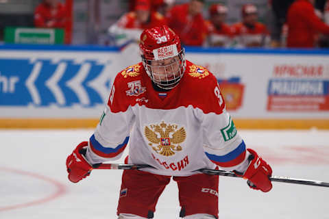 ST PETERSBURG, RUSSIA – 2022/05/05: Matvei Michkov (No.39) of Russia U20 seen in action during the Liga Stavok St. Petersburg Cup, hockey tournament match between Russia and Russia U20 at Jubilee Arena in Saint Petersburg.(Final score; Russia 4:2 Russia U20). (Photo by Maksim Konstantinov/SOPA Images/LightRocket via Getty Images)