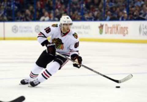 Jan 21, 2016; Tampa, FL, USA; Chicago Blackhawks right wing Patrick Kane (88) skates with the puck against the Tampa Bay Lightning during the first period at Amalie Arena. Mandatory Credit: Kim Klement-USA TODAY Sports