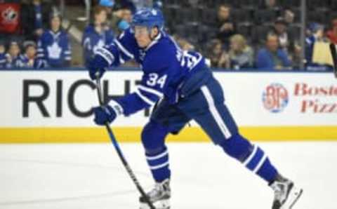 Mar 7, 2017; Toronto, Ontario, CAN; Toronto Maple Leafs forward Auston Matthews (34) takes a shot during warm ups prior to playing Detroit Red Wings at Air Canada Centre. Mandatory Credit: Dan Hamilton-USA TODAY Sports