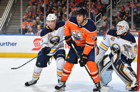 EDMONTON, AB – JANUARY 23: Milan Lucic #27 of the Edmonton Oilers battles for position against Rasmus Ristolainen #55 and Robin Lehner #40 the Buffalo Sabres on January 23, 2017 at Rogers Place in Edmonton, Alberta, Canada. (Photo by Andy Devlin/NHLI via Getty Images)