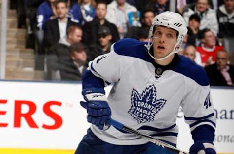 TORONTO, CANADA – NOVEMBER 18:Nikolai Kulemin #41 of the Toronto Maple Leafs skates up the ice during game action against the New Jersey Devils at the Air Canada Centre November 18, 2010 in Toronto, Ontario, Canada. (Photo by Abelimages / Getty Images)