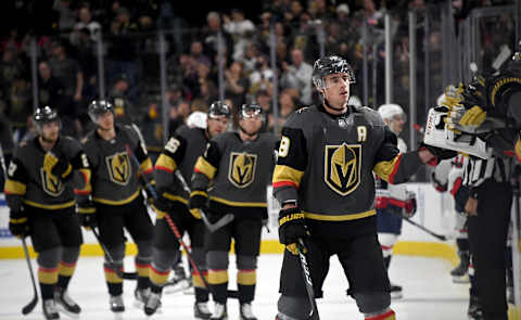 LAS VEGAS, NEVADA – FEBRUARY 17: Reilly Smith #19 of the Vegas Golden Knights celebrates with teammates on the bench after scoring a first-period goal against the Washington Capitals during their game at T-Mobile Arena on February 17, 2020 in Las Vegas, Nevada. The Golden Knights defeated the Capitals 3-2. (Photo by Ethan Miller/Getty Images)