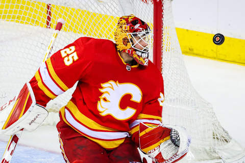 Dec 11, 2021; Calgary, Alberta, CAN; Calgary Flames goaltender Jacob Markstrom (25) guards his net against the Boston Bruins during the third period at Scotiabank Saddledome. Mandatory Credit: Sergei Belski-USA TODAY Sports